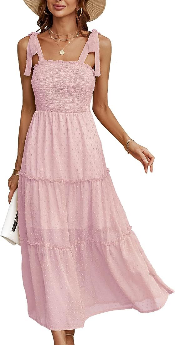 AOVDE Women's Summer Dress Stripe Spaghetti Strap Square Neck Ruffle Flowy A Line Long Maxi Dress | Amazon (US)