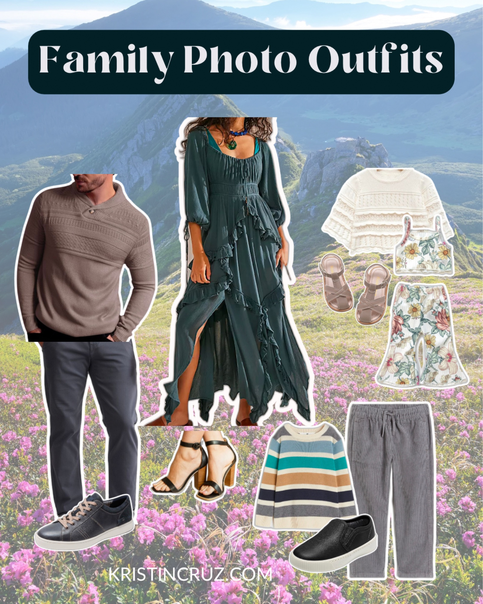 A fully coordinated set of outfits for a Family Photoshoot, with a dress for Mom from Free People and coordinating pieces for Dad, a boy and girl mostly from Amazon! These would work great for a mountain background or flower field. The palette is one of my favs from Mood Board Magic, my photoshoot styling app I made for styling families for their photoshoots. ✨

#LTKfamily #LTKstyletip #LTKSeasonal