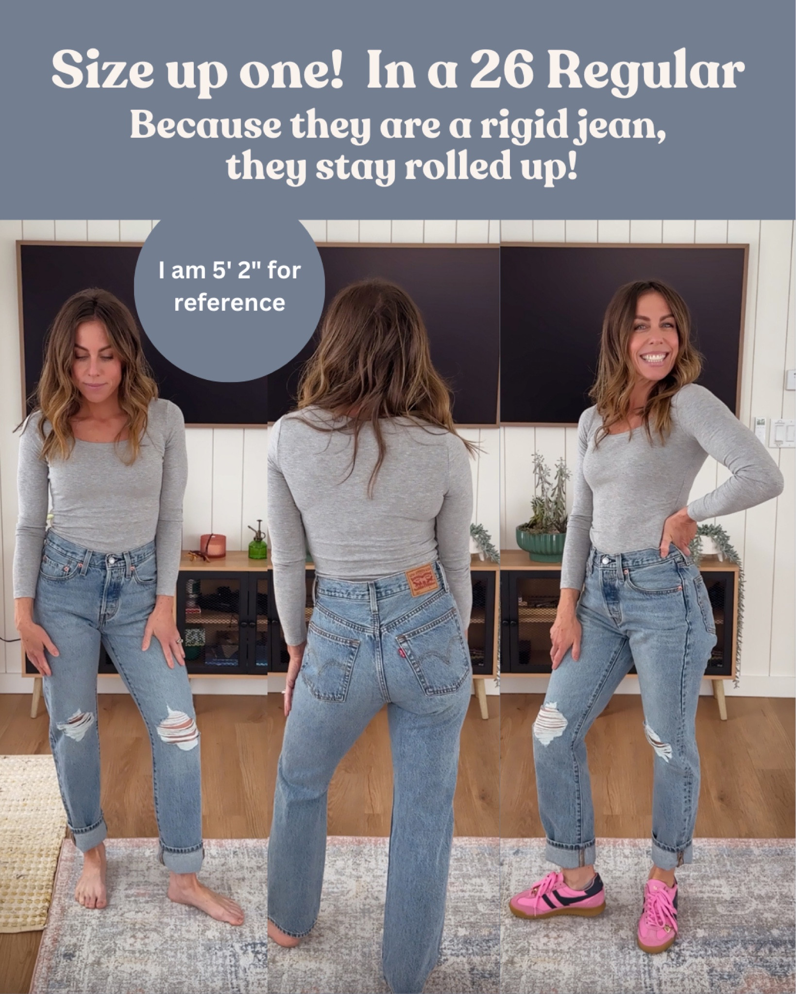 These Levi jeans are so good! They are rigid so you’ll want to size up, I’m almost always a 25 but needed 26 in these. Also, bc they are rigid, they stay rolled!🙌🏻🤩

#LTKMostLoved #LTKPetite #LTKOver40