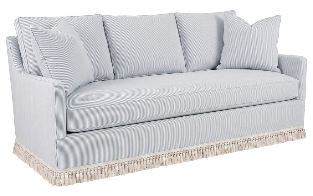 Lucinda Sea Breeze Sunbrella Stripe Sofa With Fringe - 86” | Kathy Kuo Home