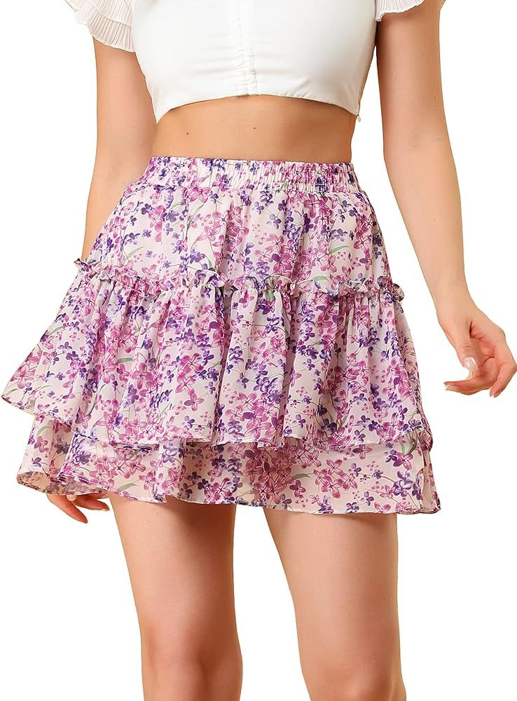 Allegra K Women's 2023 Floral Tiered Ruffle Skirts Cute Summer Flowy Chiffon Mini Skirt | Amazon (US)