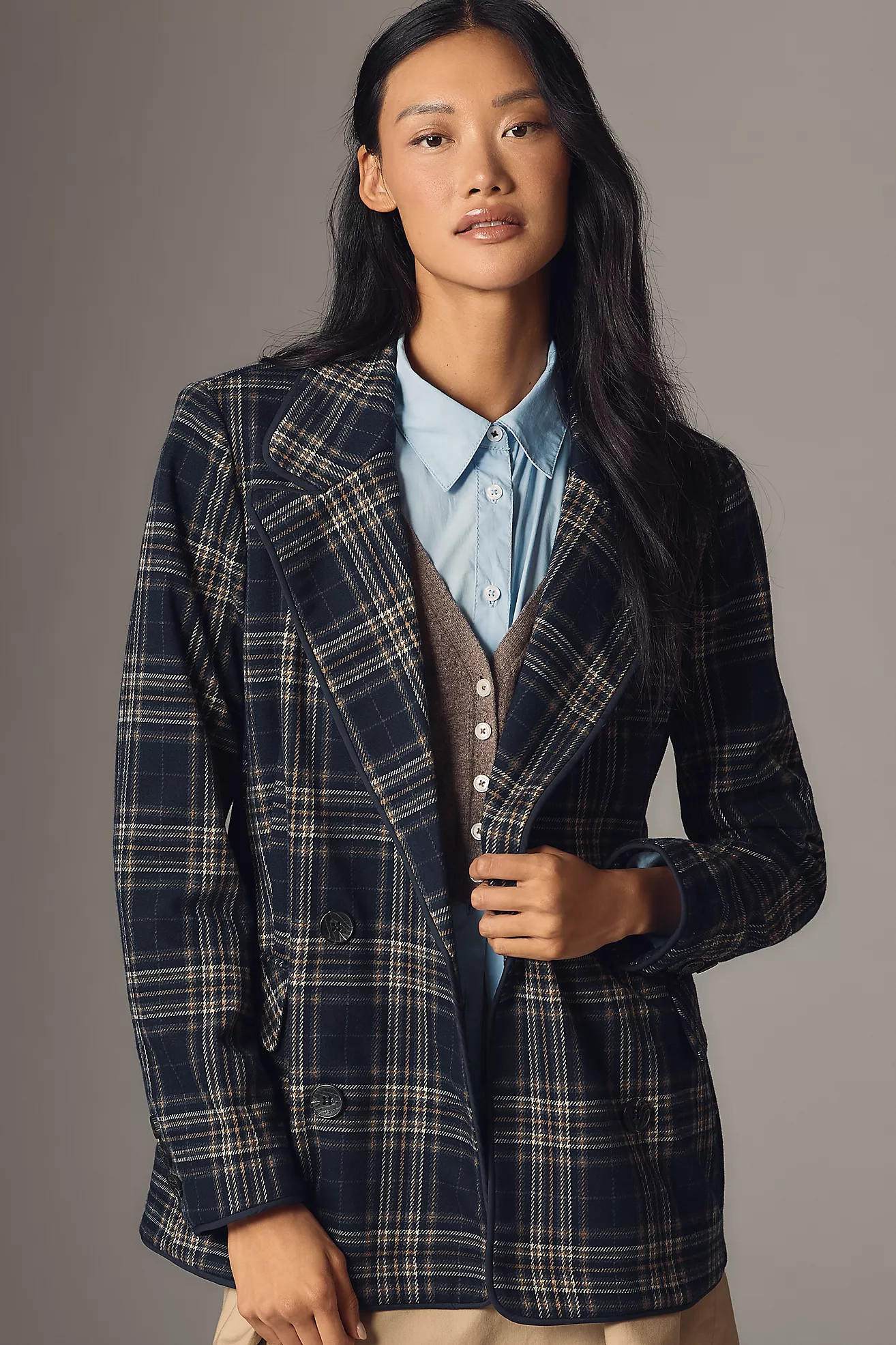 Avec Les Filles Double-Breasted Knit Plaid Blazer | Anthropologie (US)