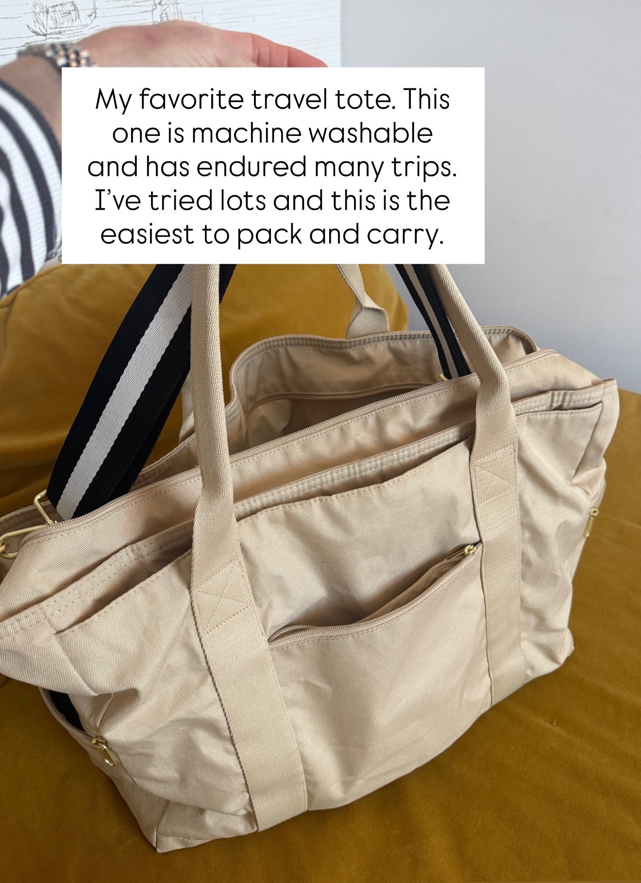 The best travel tote holds lots and has a padded compartment for laptop. It’s easy to carry and has a trolley sleeve. Machine washable too! 