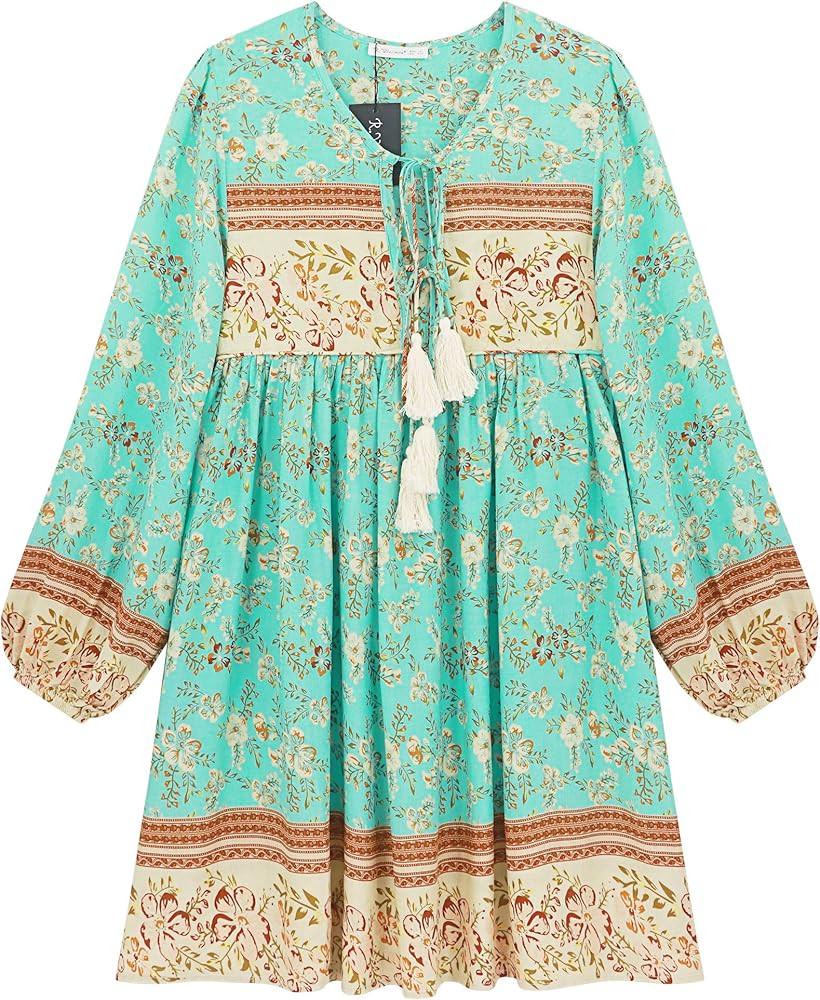 R.Vivimos Womens Long Sleeve Floral Casual Print Cotton Mini Tunic Dress | Amazon (US)