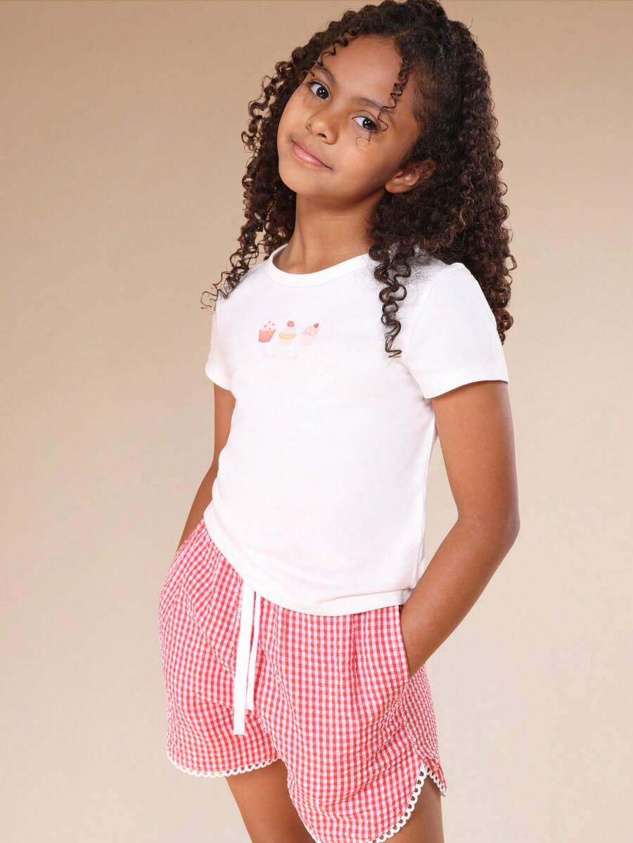 SUMWON Tween Girls Summer Cupcake Print T-Shirt And Gingham Check Shorts Co-Ord Set With White Po... | SHEIN