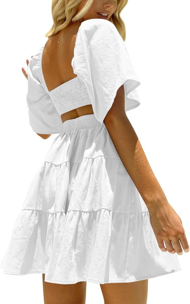 Women's Summer Dress Square Neck Short Sleeve Loose Backless Casual A-Line Party Mini Dresses | Amazon (US)