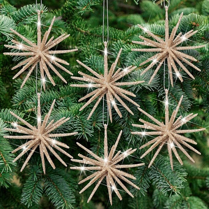 Soulchen 6 Pcs 4 Inch Gold Christmas Star Ornament for Christmas Tree Glitter Exploding Starburst... | Amazon (US)