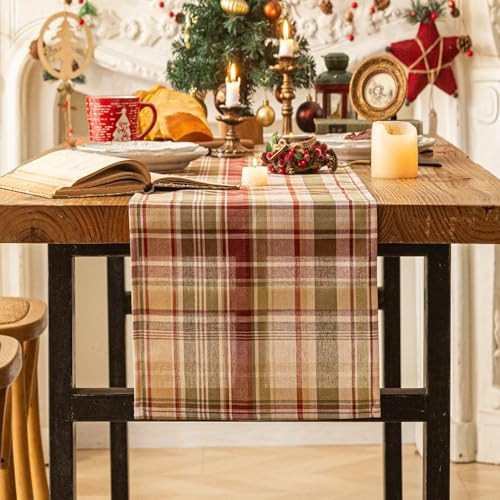 Beige Plaid Christmas Table Runner, Winter Holiday Table Runners 90 inches Long, Xmas Decorations Indoor Outdoor Farmhouse Home Kitchen Dining Party Decor | Amazon (US)