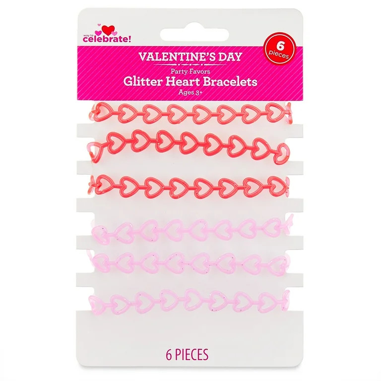 Valentine's Day Glitter Heart Bracelets Party Favors, Ages 3+, 6 Count, by Way To Celebrate | Walmart (US)