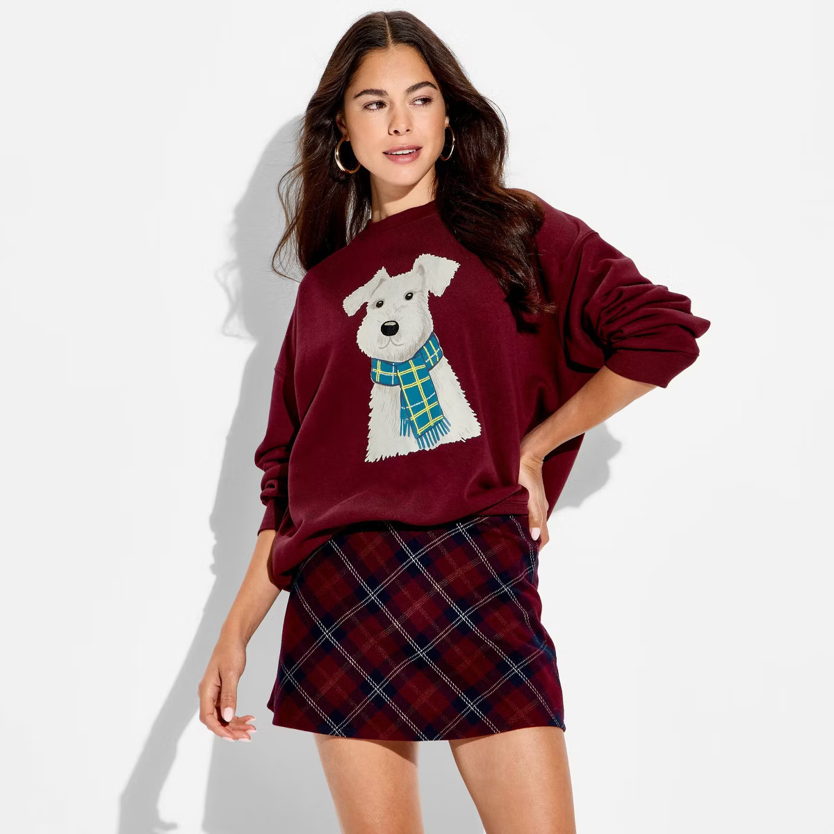 Women's Dog Scarf Fleece Graphic Pullover Sweatshirt - Burgundy | Target