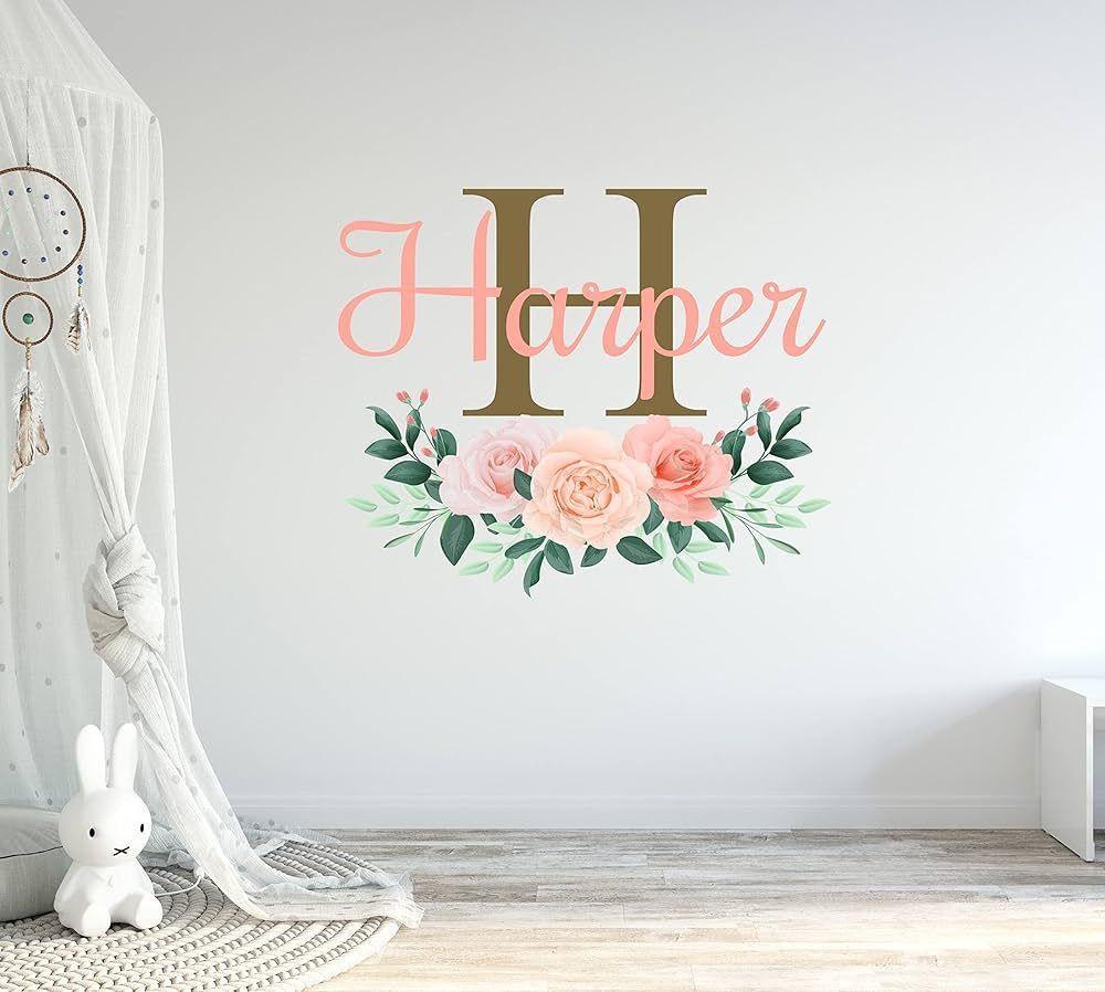 CuteDecals Flowers Custom Name & Initial Wall Decal - Personalized Peonies Art Decor Mural Girls ... | Amazon (US)