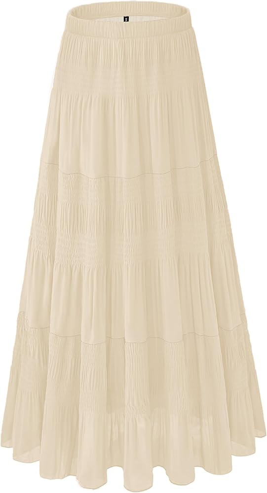 Amazon.com: NiPaMi Women's Chiffon White Flowy Maxi Skirt Boho Fall Elastic Waisted Pleated A Lin... | Amazon (US)