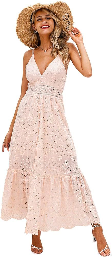 Women's Embroidery Pearl Button Down Dress V Neck Spaghetti Strap Maxi Dress | Amazon (US)