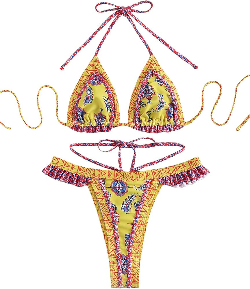 Milumia Women's Boho Floral Geo Print Tie Halter Frill Bikini Sexy Bathing Suit | Amazon (US)
