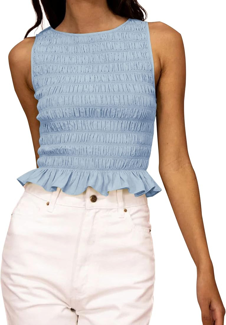MISSACTIVER Women Casual Frill Smocked Ruffle Hem Crop Tank Top Shirred Crew Neck Sleeveless Slim Fi | Amazon (US)