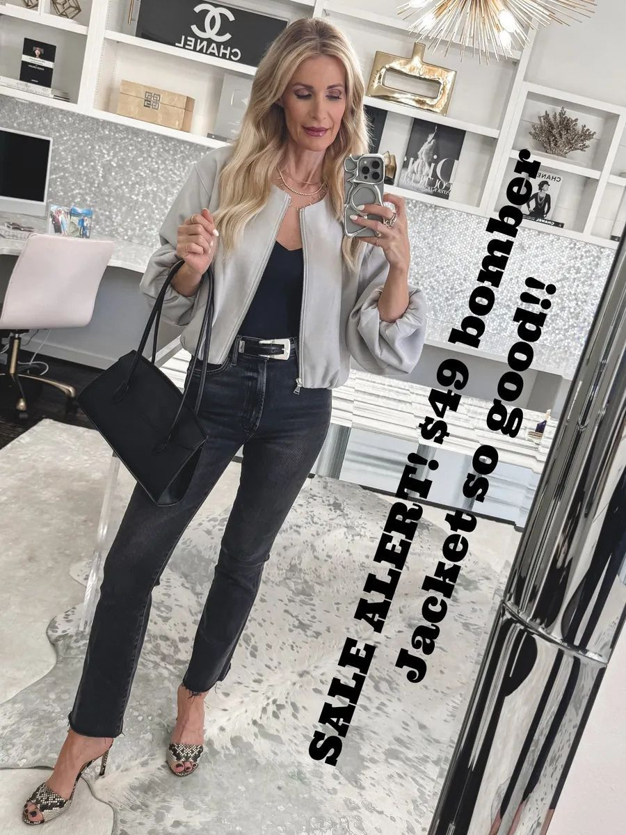Sale alert 🚨 This fabulous gray bomber jacket is on sale right now for $49 — such a steal! I styled it over an all-black look with a classic black tank, my favorite faded black jeans, and finished it off with snake print heels. It’s effortlessly chic and perfect for so many occasions — from date night to girls’ night out. Jacket: XS Jeans: 24  

 

#LTKdayinmylife #LTKOver40 #LTKSaleAlert