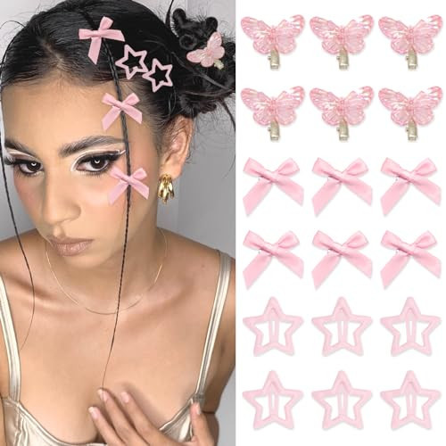 YAEISM 18PCS Pink Hair Clips Metal Non Slip Star Hair Snap Clips Aurora Butterfly Hairpin Y2K Hair Barrettes for Girls Women | Amazon (US)