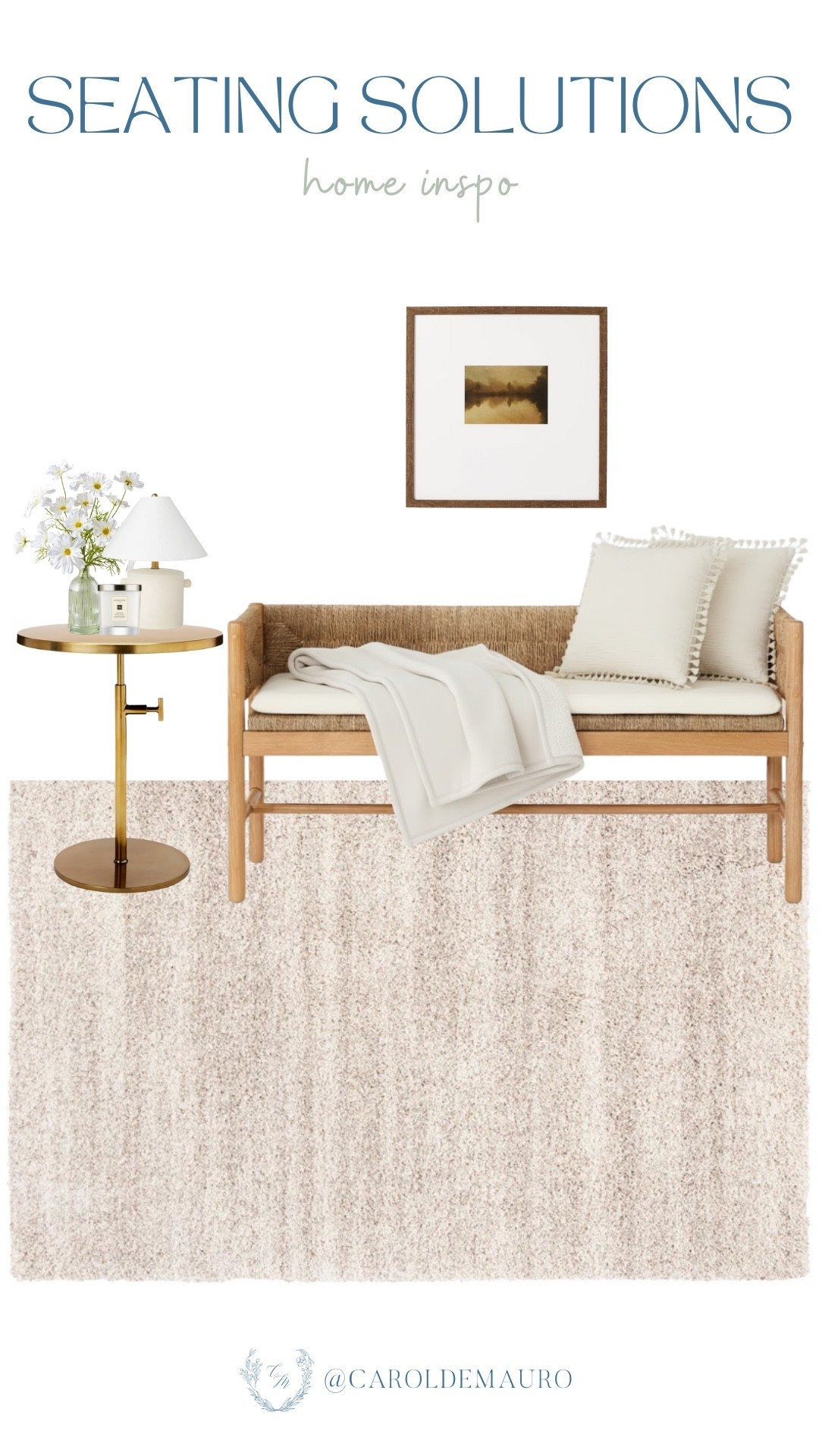 Transform any empty corner into a cozy retreat with this woven wooden bench, a gold pedestal table, and a large neutral rug! Add some soft cream pillows, a white throw blanket, and a minimalist table lamp to create the ultimate spot for relaxing.

living room styling, cozy corner, home decor, interior design, minimalist home, seating solutions, small spaces, furniture finds

#LTKSeasonal #LTKHome #LTKU