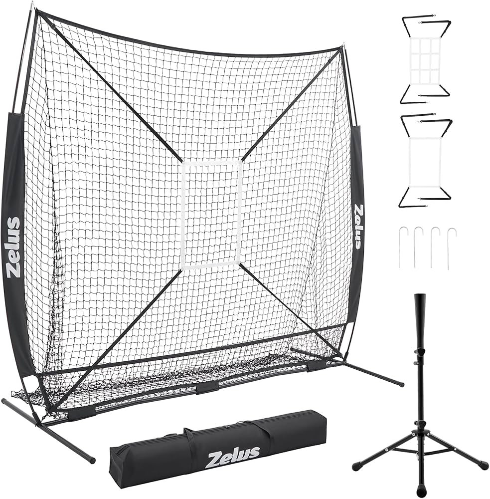 ZELUS 7x7 ft Baseball Hitting and Pitching Net with Batting Tee, 2 Strike Zone Large Ball Collect... | Amazon (US)
