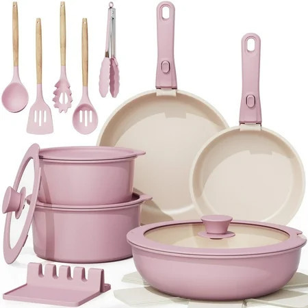 Astercook 20-Piece Ceramic Pots and Pans Set, Nonstick Cookware Set with Detachable Handles, Oven Safe to 480°F, Induction Compatible, Stackable RV Kitchen Cooking Set, Pink | Walmart (US)
