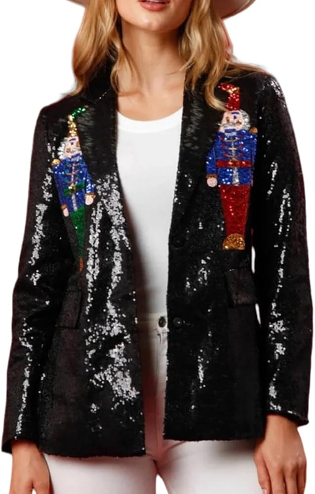 Nutcracker Blazer Pink Sequin Nutcracker Jacket Christmas Blazer Shiny Suit Jacket Open Front Gli... | Amazon (US)