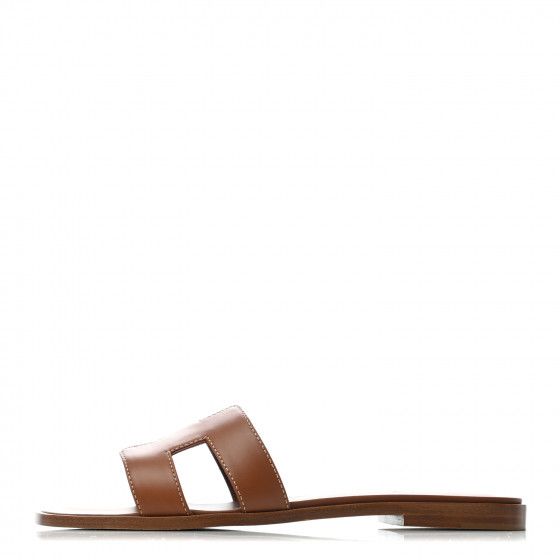 HERMES Box Calfskin Oran Sandals 37.5 Gold | Fashionphile