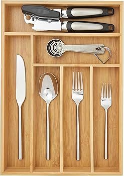 Juvale Silverware Organizer Tray - Brown Bamboo, 6-Slot, 14.5 x 10.25 x 1.75 in - Utensil Drawer ... | Amazon (US)