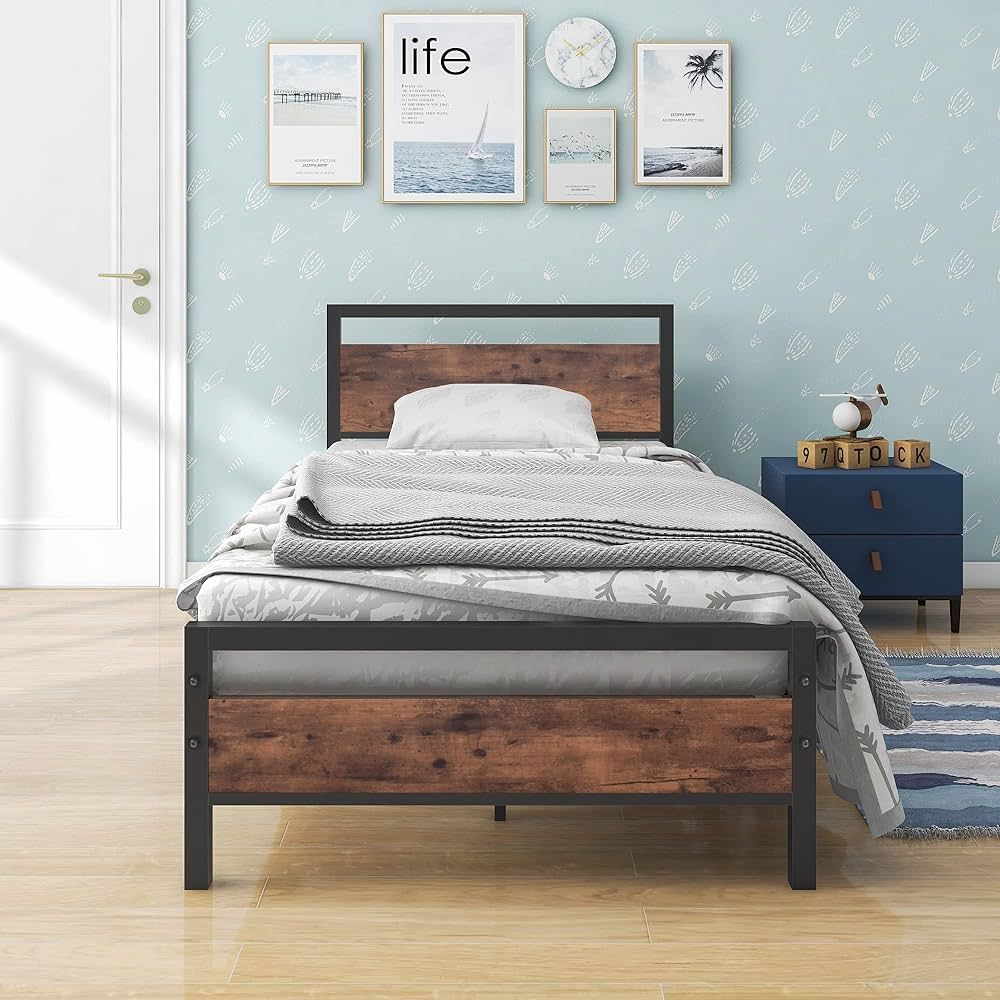 BOFENG Twin Size Bed Frame with Vintage Wood Headboard Farmhouse Bed,Heavy Duty Metal Platform Be... | Amazon (US)