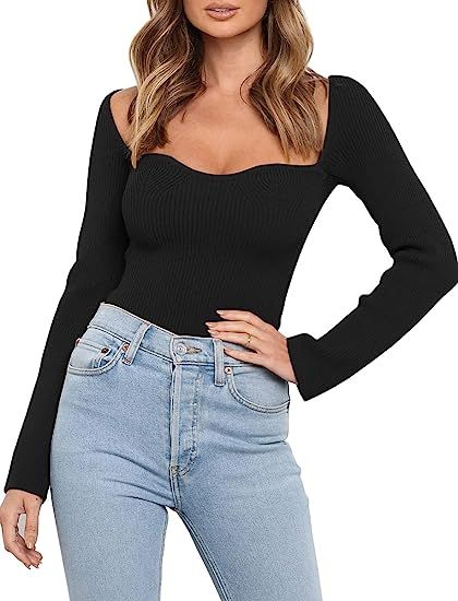 LILLUSORY Women's Sexy Sweetheart Neckline Sweater Square Neck 2022 Fall Long Sleeve Slim Fitted ... | Amazon (US)