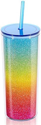 Rainbow Tumbler with Straw, Sand Flow Glitter Double Wall Acrylic Cup Tumbler, 21 oz / 640ml (Blu... | Amazon (US)
