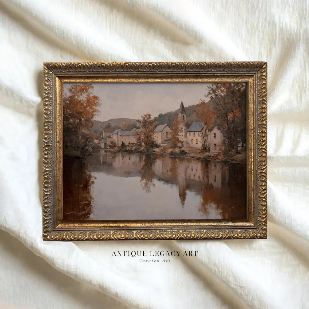 Vintage Fall Village Landscape Print, Printable Farmhouse Autumn River Painting Wall Art, Cozy Ru... | Etsy (US)