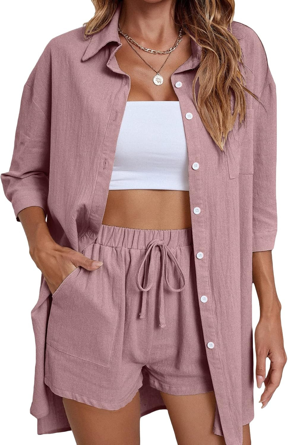 SheIn Women's Two Piece Button Down 3/4 Sleeve High Low Shirt Blouse and Shorts Set | Amazon (US)