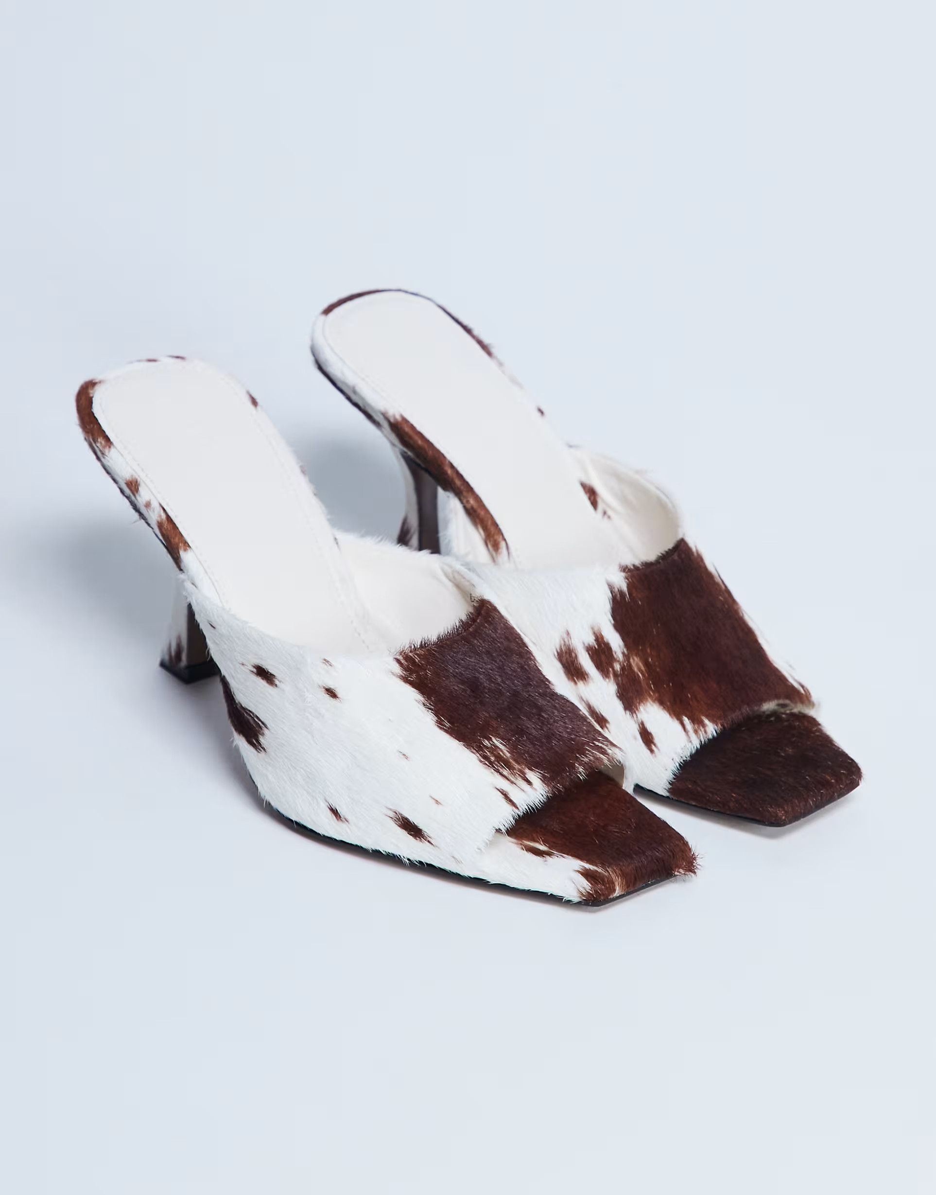 Topshop Fox real leather pony heeled mule in cow print | ASOS (Global)