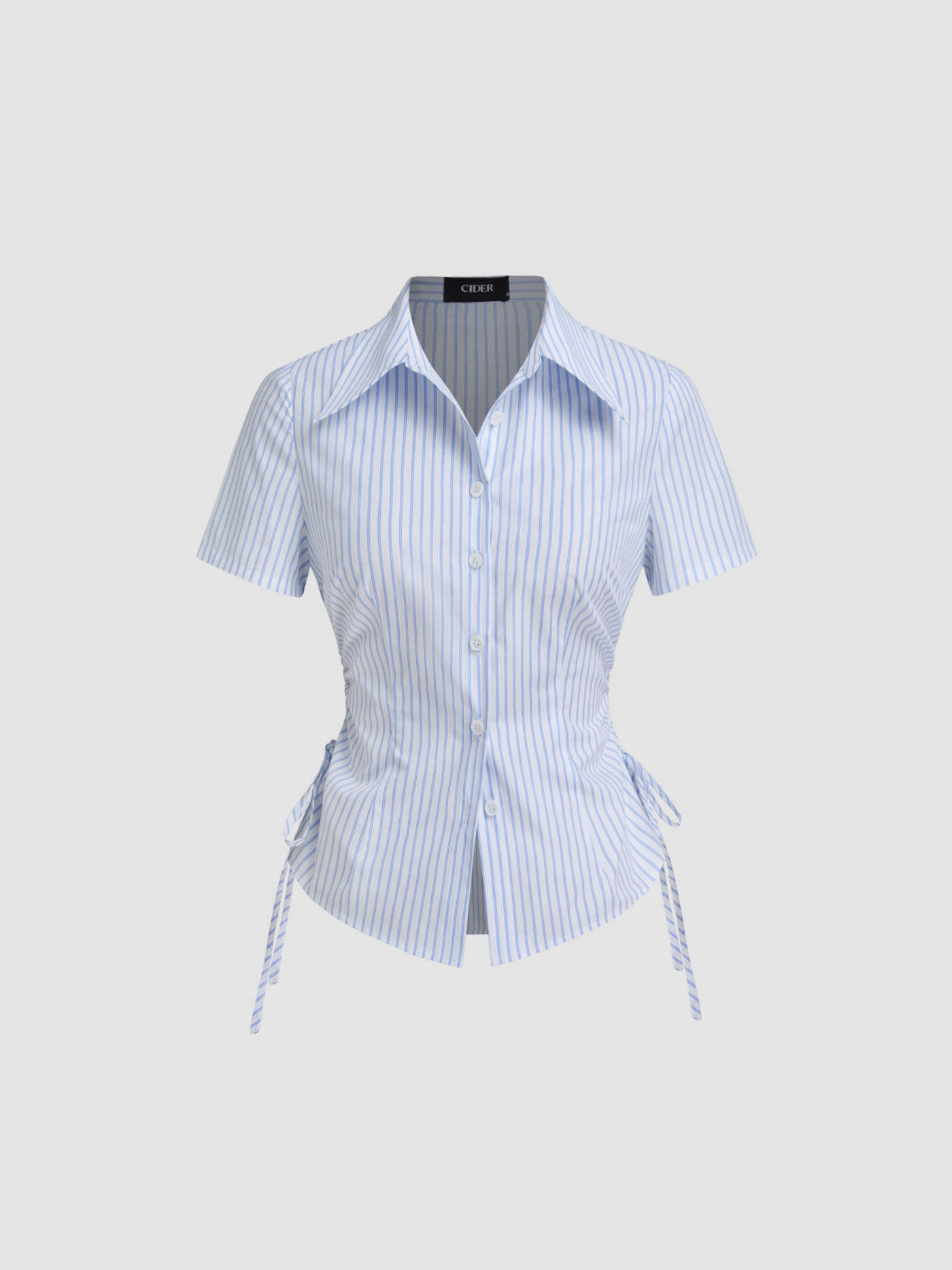 Woven Cotton-blend Polo Collar Stripe Drawstring Knotted Shirt For Daily Casual Work | Cider