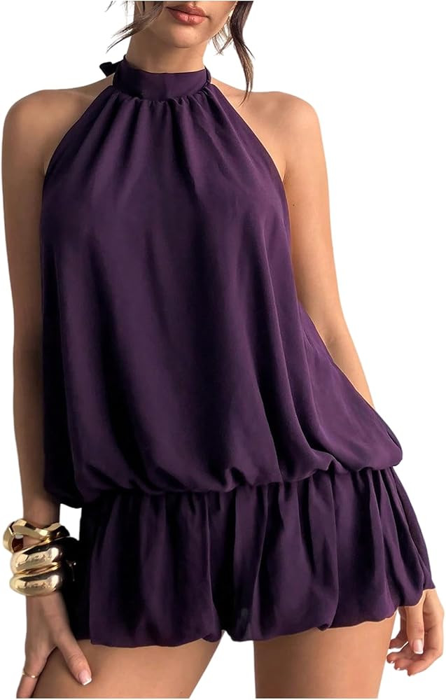 Floerns Women Backless Sleeveless Ruffle Bubble Hem Mesh Halter Mini Dress | Amazon (US)