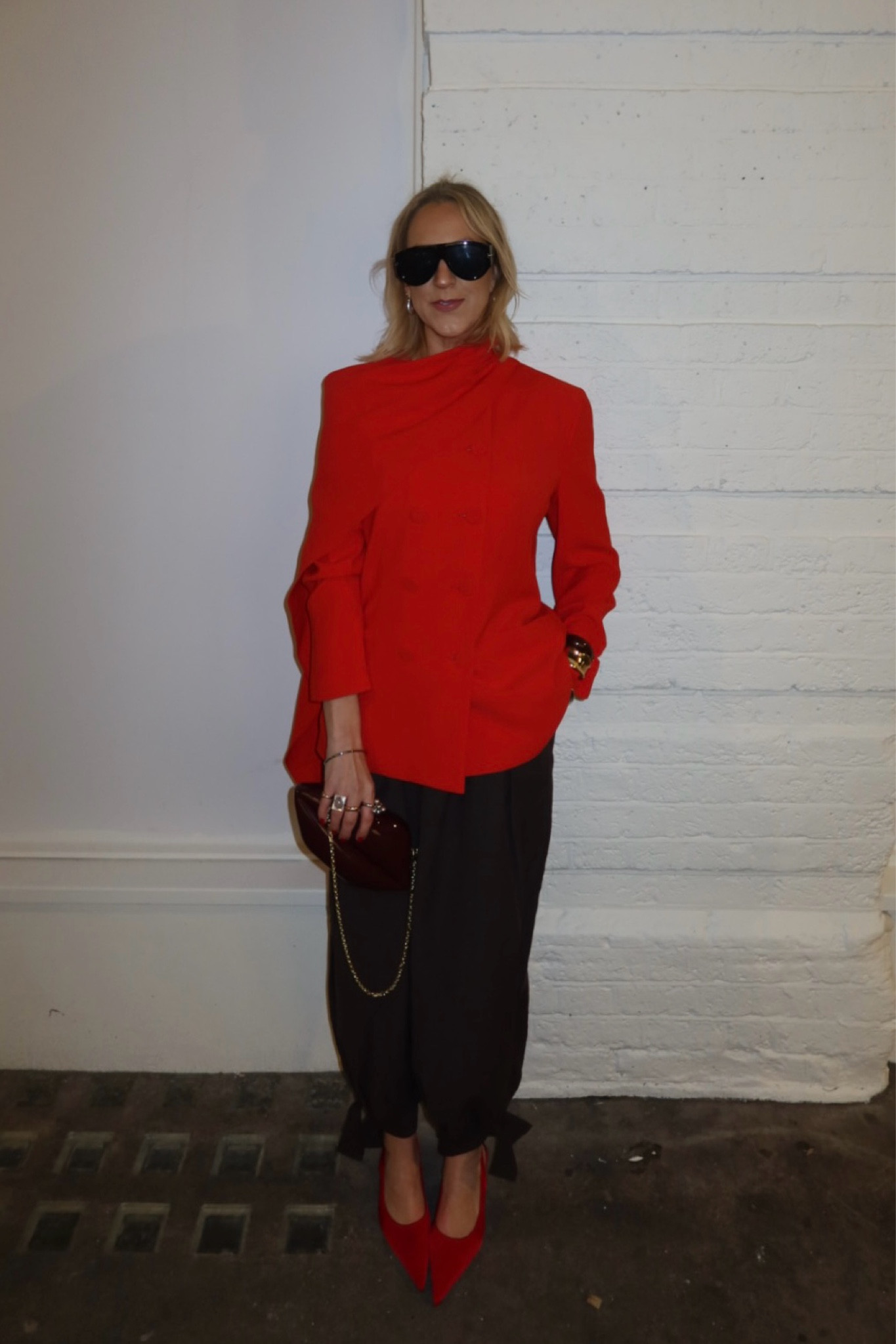 London fashion week outfit -Zara balloon trousers, River Island blazer red cape jacket, Lulu guinness lips clutch bag 

#LTKFashionMonth #LTKuk