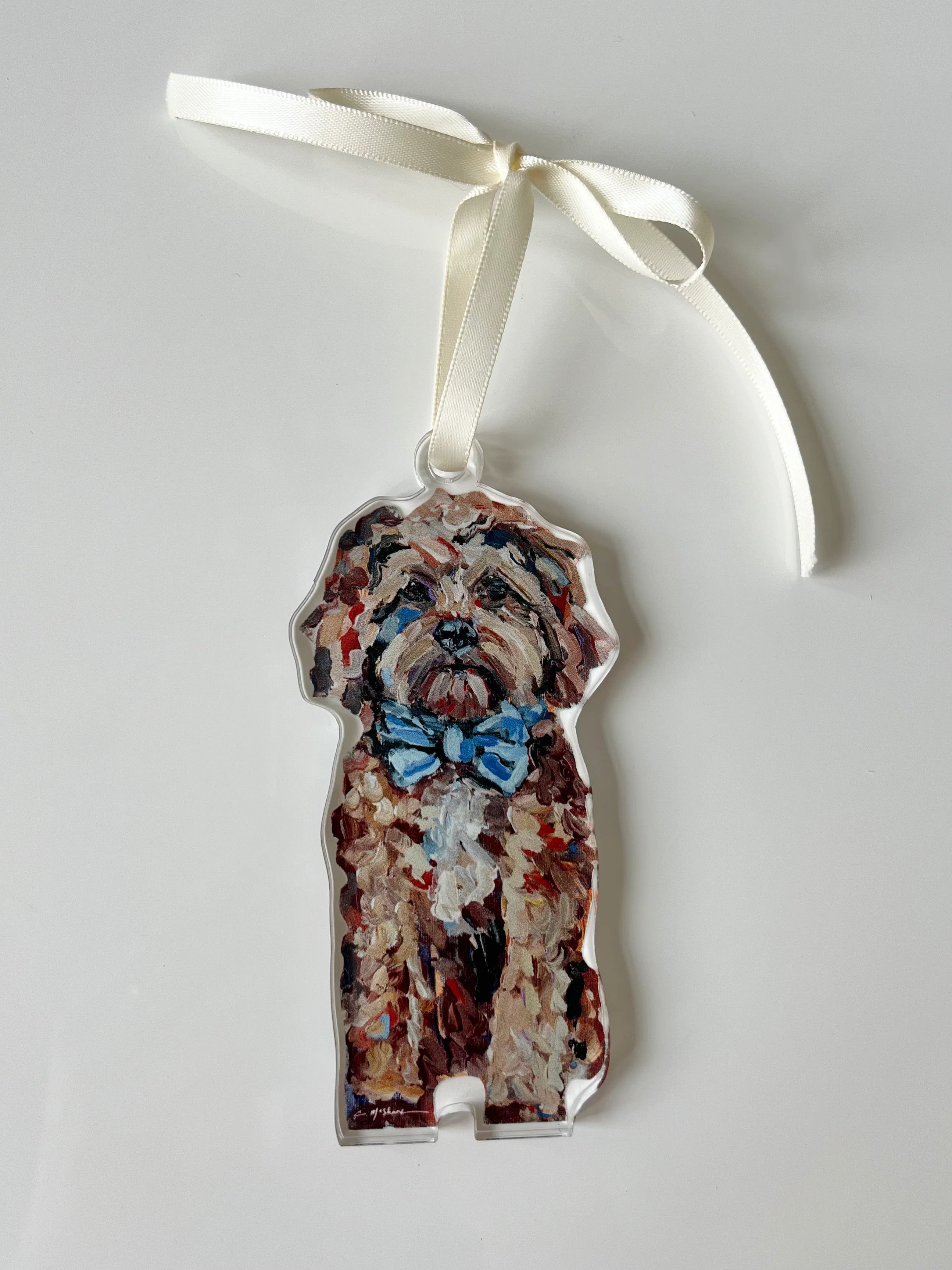 Cavapoo red with blue bow (Ornament) | Chelsea McShane Art