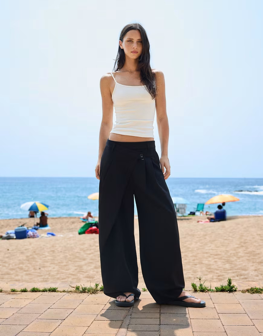 Bershka tailored fit trousers with crossover waist in black | ASOS (Global)