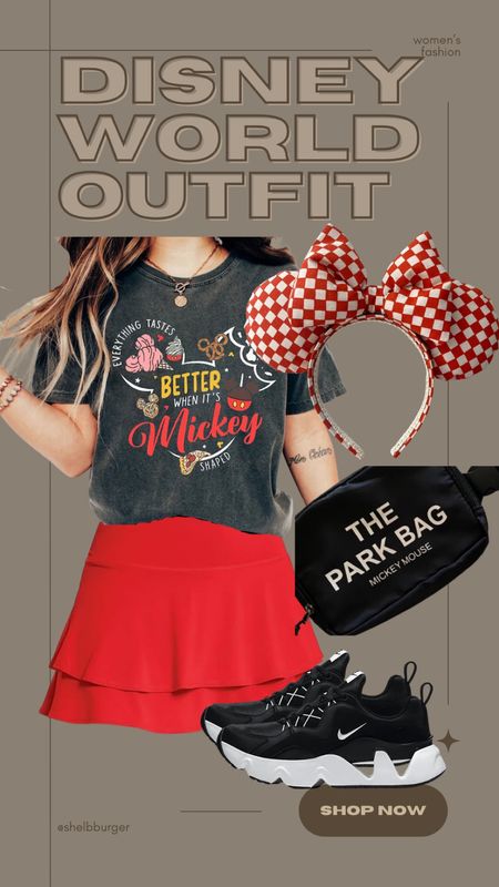 Women’s Disney outfit for vacation 

• everything tastes better when it’s Mickey shaped shirt
• red tennis skirt active skirt
• checkered ears
• the park bag Mickey Mouse belt bag
• women’s Nike sneakers

#LTKstyletip #LTKshoecrush #LTKtravel