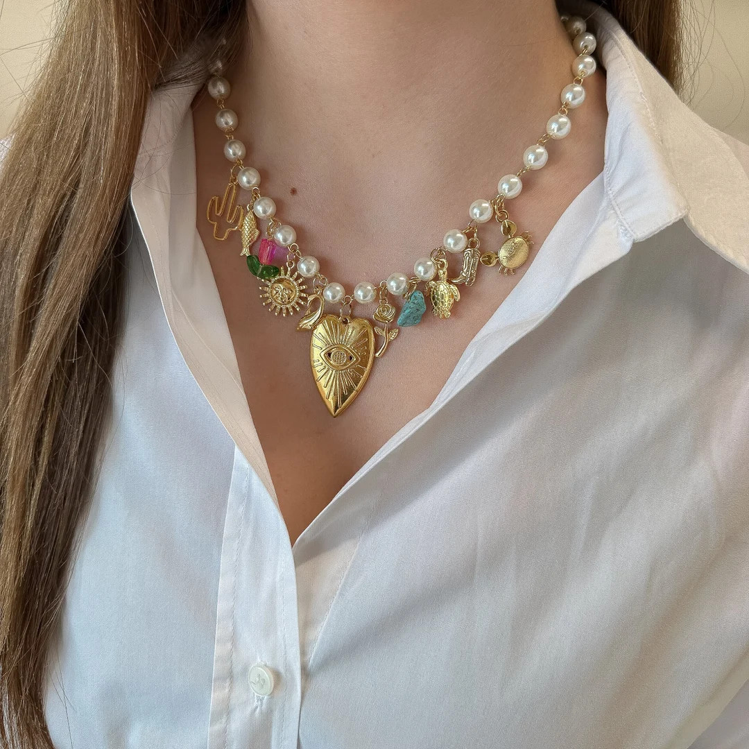 Make Your Own Custom Charm Necklace, Gold Pearl Chain Charm Necklace, Vintage Pearl Charm Jewelry... | Etsy (US)