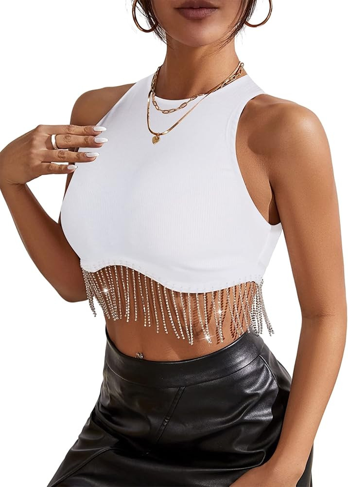 Milumia Women Party Crop Tank Tops Rhinestone Fringe Pullover Sleeveless Round Neck Fitted Tees | Amazon (US)