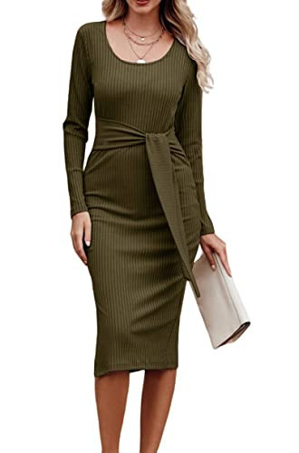 PRETTYGARDEN Women's Long Sleeve Square Neck Slit Bodycon Sweater Dress Tie Waist Ribbed Slim Fit Knit Midi Dress(Medium, Army Green) | Amazon (US)