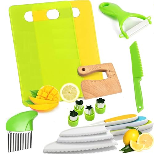 Hartya 13 Pieces Kids Kitchen Knife for Real Cooking，Safe Tools with Wood Kids Knife, Serrated Edges Plastic Toddler Knives, Crinkle Cutter, Sandwich Cutter, Y Peeler & Cutting Boards | Amazon (US)