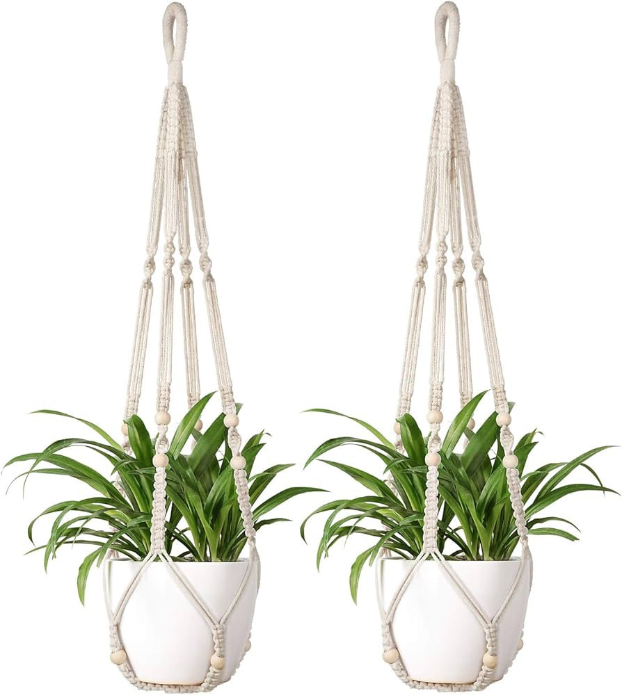 Mkono Macrame Plant Hanger Indoor Hanging Planter Basket with Wood Beads Decorative Flower Pot Ho... | Amazon (US)