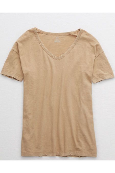 Aerie Boyfriend Distressed V-Neck Oversized T-Shirt Women's Dark Tan XXS | American Eagle Outfitters (US & CA)