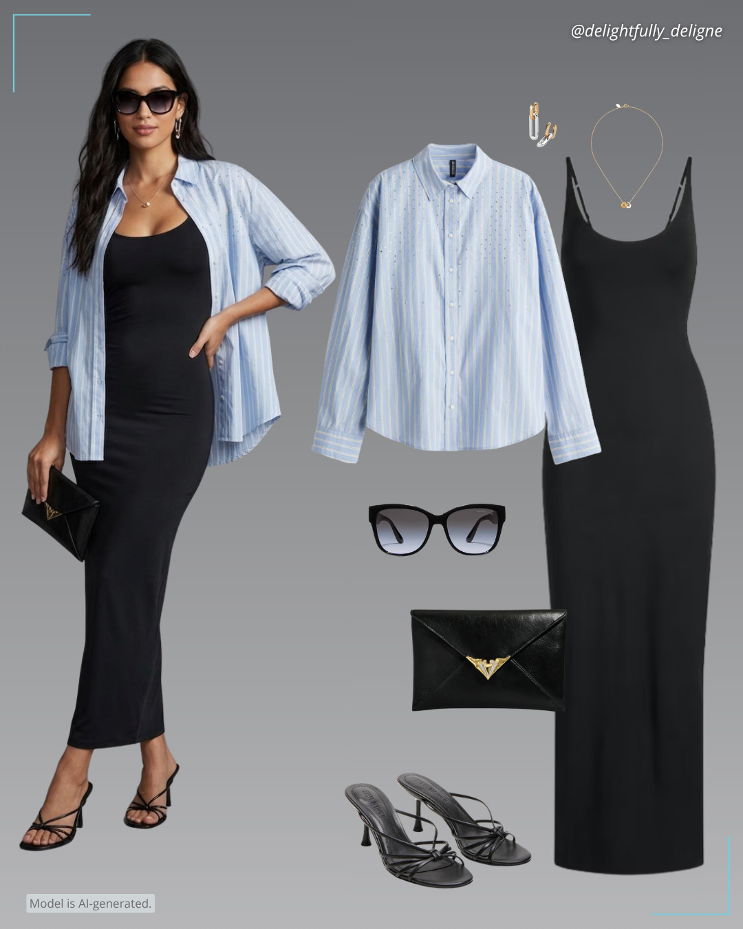 Relaxed Summer ☀️💙 EaseScoop-neck long dress, oversized cotton shirt, strappy mule heel, envelope clutch, Snug necklace by Salt Grass, detachable link earrings & Lucky Bay sunglasses. 

 #LTKootd #LTKOver40 #LTKSaleAlert