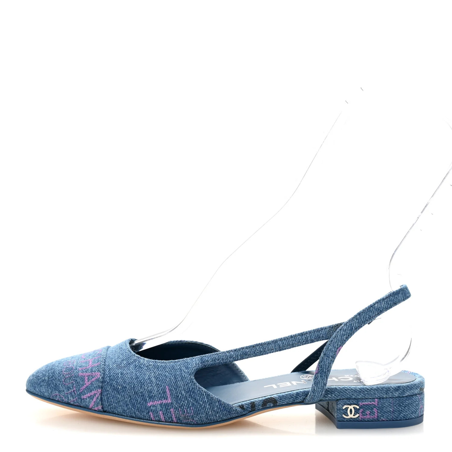 Chanel Denim Printed Denim Mood Cap Toe CC Slingback Flats 37 Light Blue Multicolor | FASHIONPHILE (US)