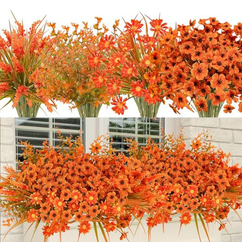 obbsie 24 Bundles Artificial Fall Flowers Outdoor UV Resistant Fake Autumn Plants No Fade Faux Fall Plants Arrangements for Farmhouse Garden Porch Window Box Thanksgiving Home Decor | Amazon (US)