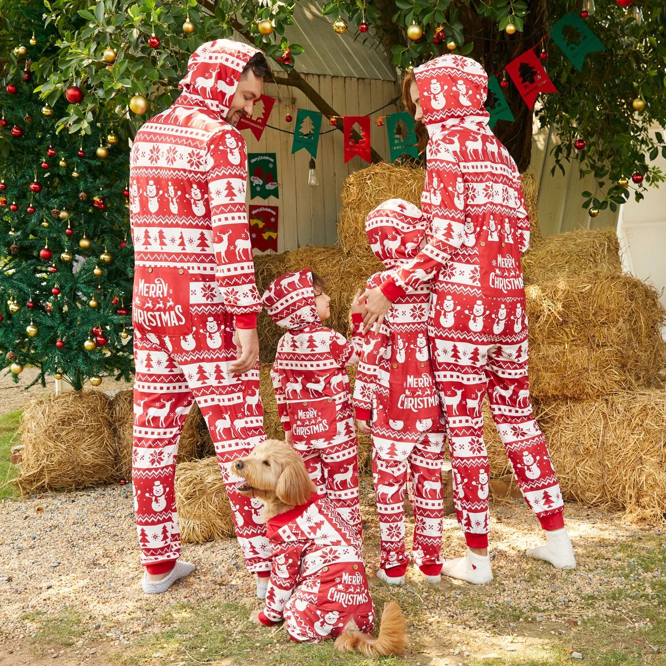 Christmas Family Matching Allover Red Print Long-sleeve Hooded Zipper Onesies Pajamas Sets (Flame... | PatPat
