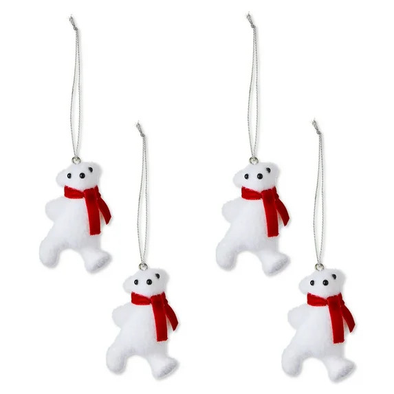 White Flocked Polar Bears with Red Velvet Scarves Mini Christmas Ornaments, 4 Count, by Holiday T... | Walmart (US)